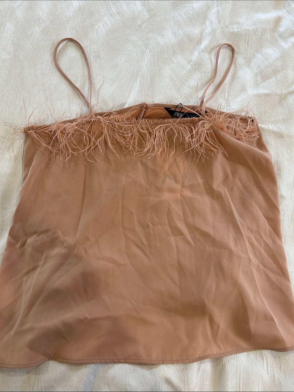 Zara Feather-Trim Spaghetti Strap Cami in Nude/Tan